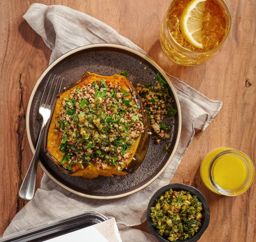 Roasted Acorn Squash with Pesto, Lemon Vinaigrette, and Quinoa