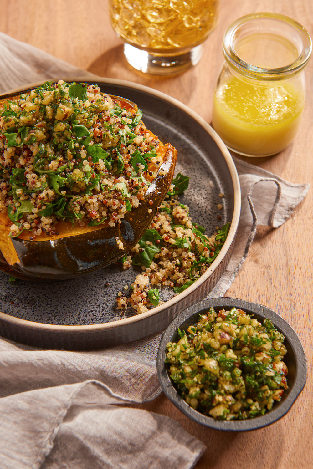 Roasted Acorn Squash with Pesto, Lemon Vinaigrette, and Quinoa