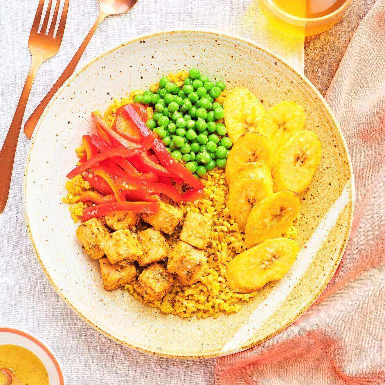 Spanish Rice with Mojo-Marinated Tempeh and Banana
