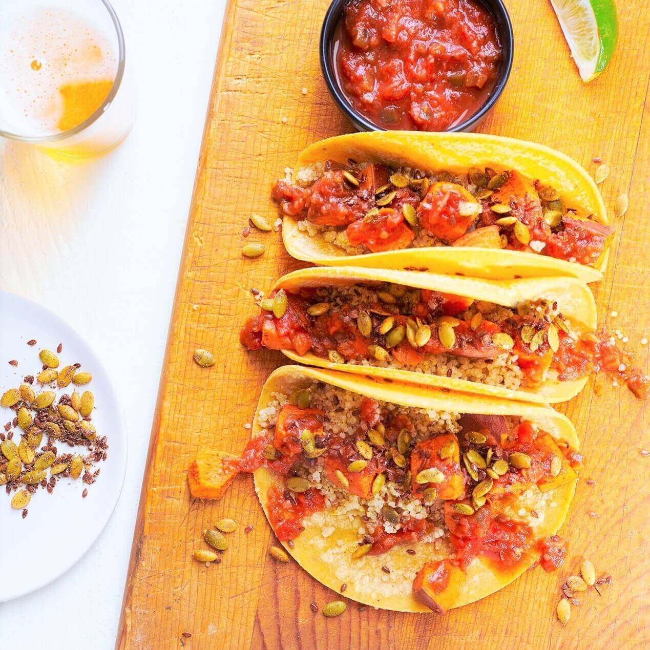 Sweet Potato Tacos with Red Pepper Salsa and Avocado Crema