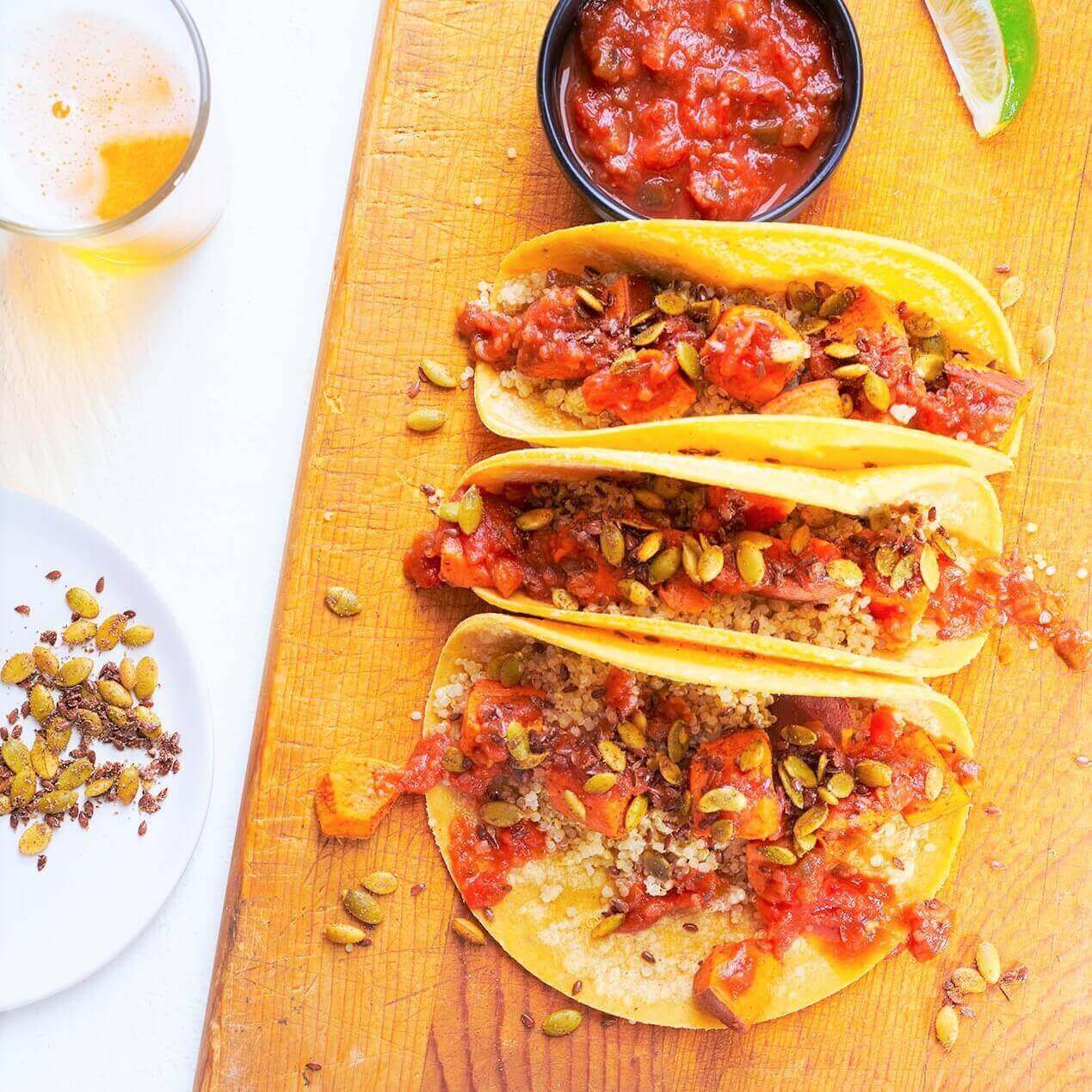 Smoked Sweet Potato Tacos with Red Pepper Salsa and Lime Crema