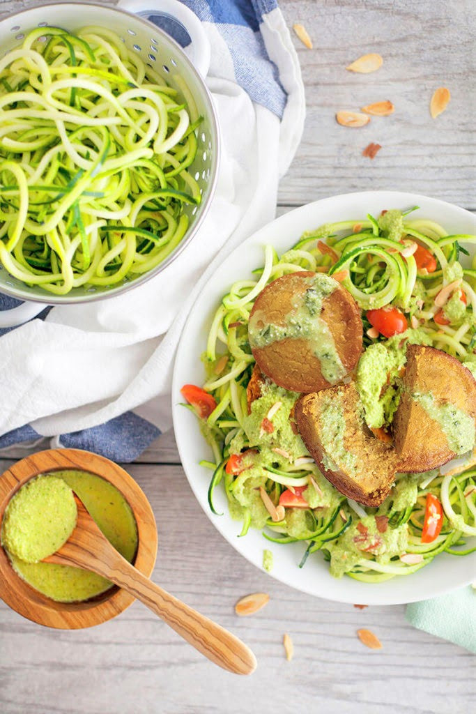 Zucchini Noodle Pesto with Sun-dried Tomato Cakes
