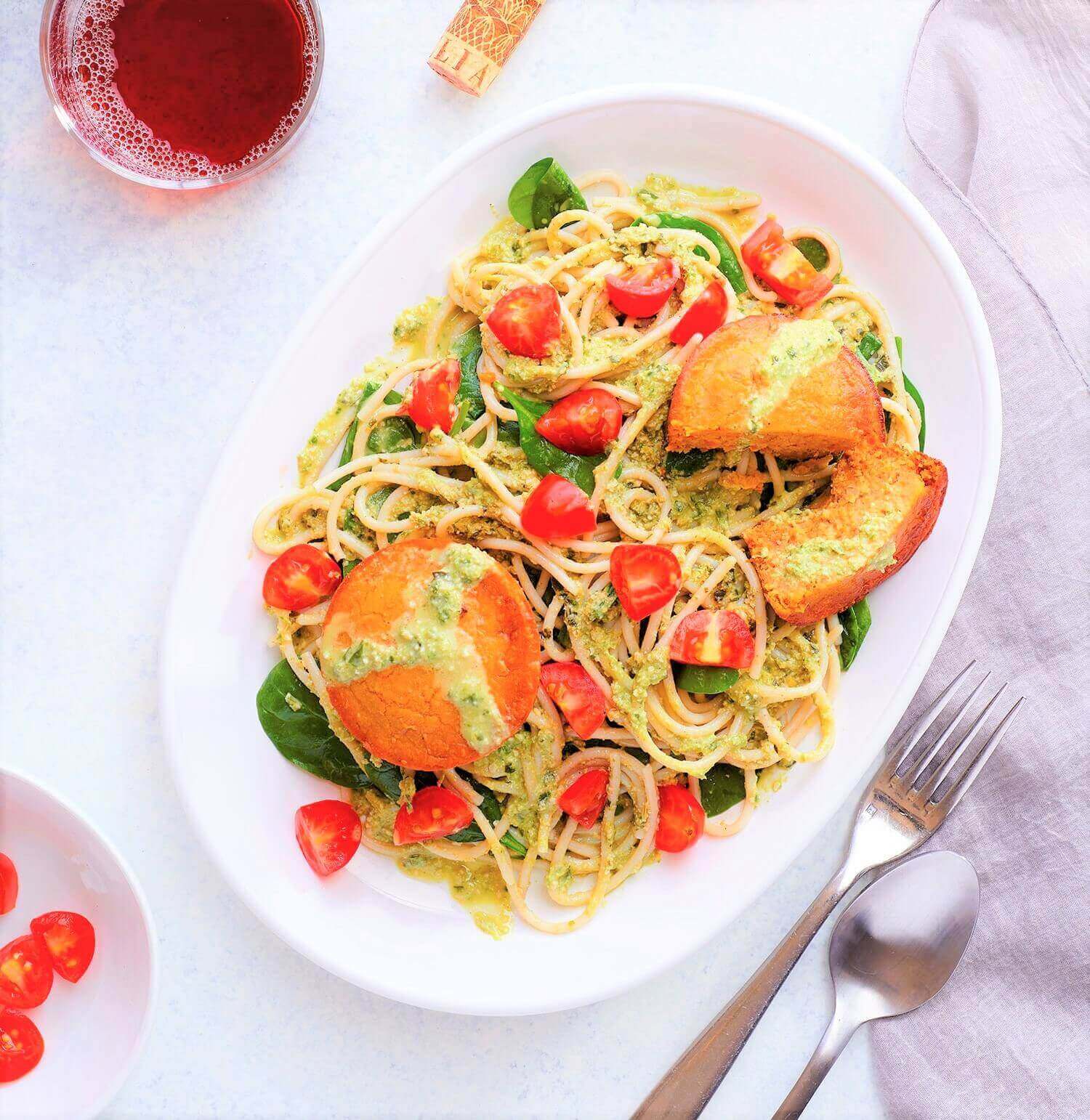 Pesto Pasta with Sun-dried Tomato Cakes and Spinach