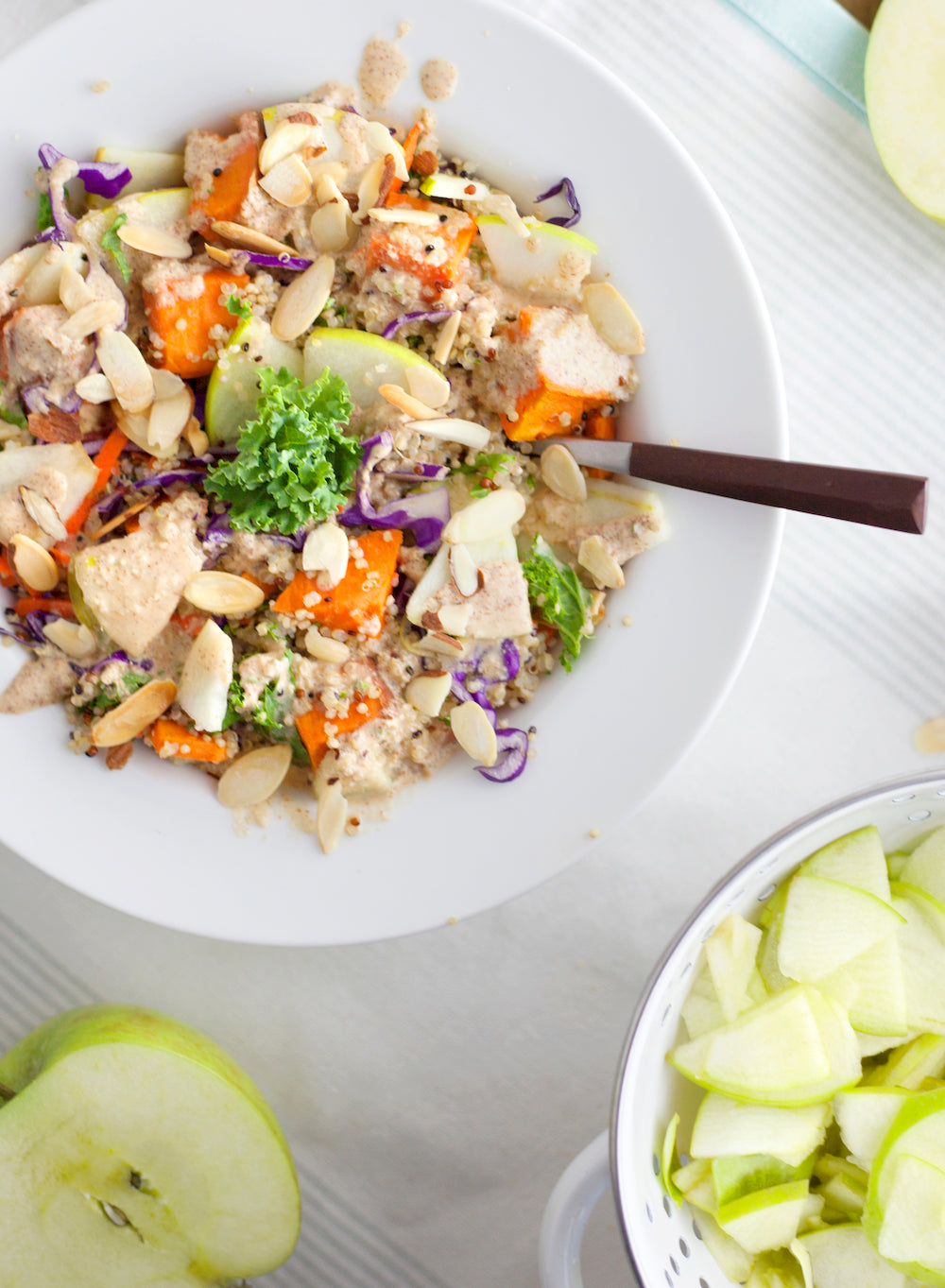 Almond Ginger Quinoa Bowl with Roasted Sweet Potatoes and Sliced Apples