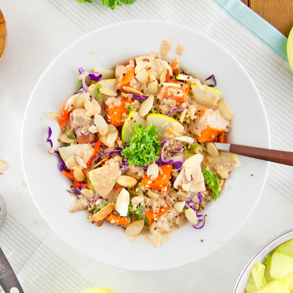 Almond Ginger Quinoa Bowl with Roasted Sweet Potatoes and Sliced Apples