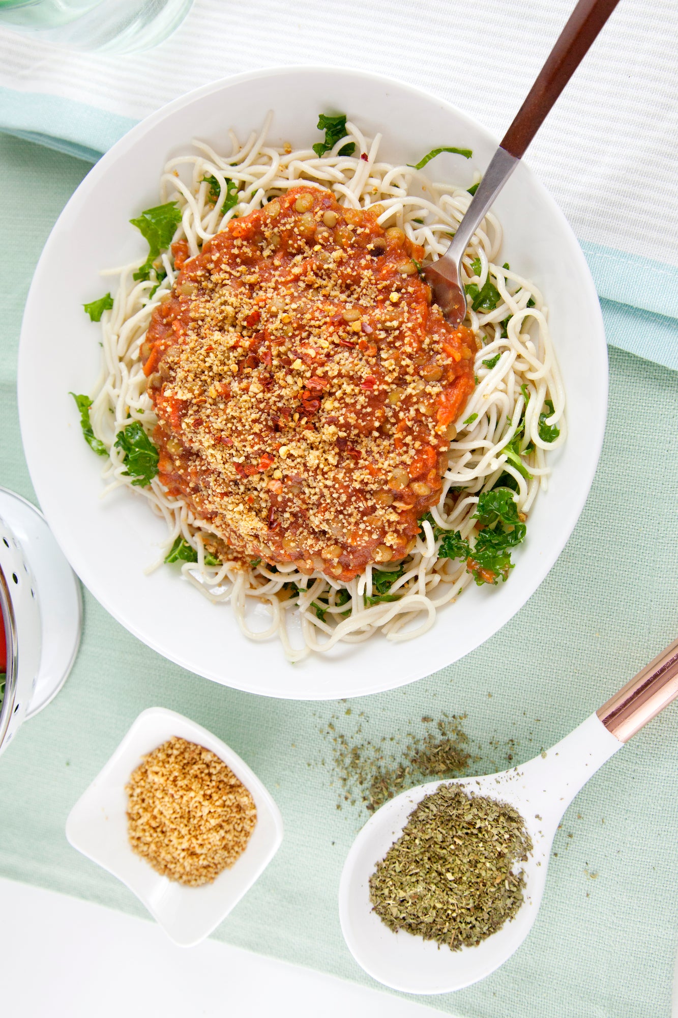 Amalfi Lentil Bolognese Pasta with Gluten-Free Pasta and Cashew "Parm"