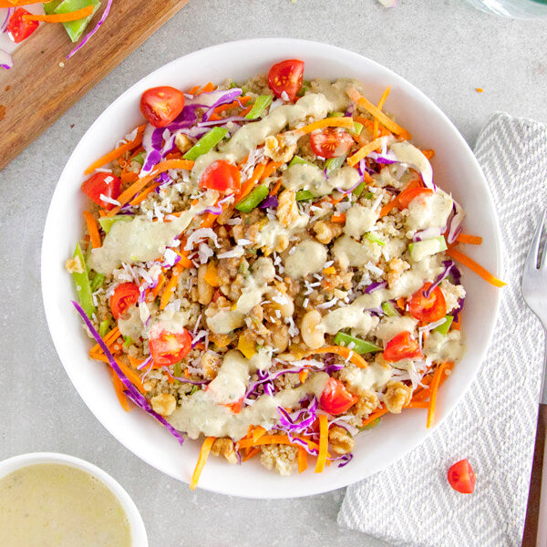 Cilantro Lime Quinoa Bowl with Balsamic Cannellini Beans, Coconuts and Walnuts