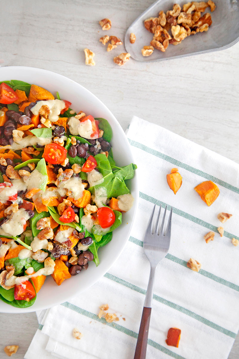 Mediterranean Baked Sweet Potato Hash with Greek Garlic Herb Sauce