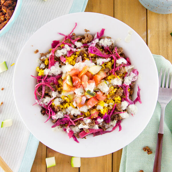 Mediterranean Veggie Kofta Crumble with Vegan Tzatziki and Cucumber Tomato Salad