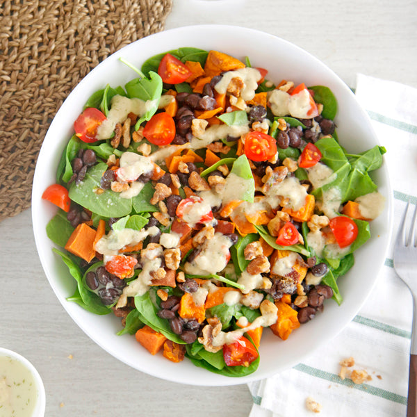 Mediterranean Baked Sweet Potato Hash with Greek Garlic Herb Sauce