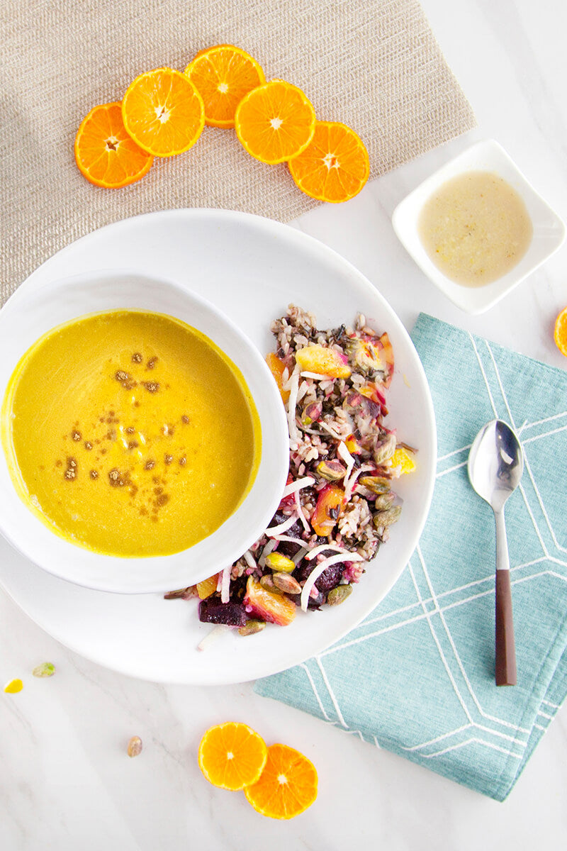 Moroccan Pumpkin Soup with Orange and Citrus Beet Wild Rice Salad
