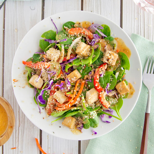 Paprika Spinach Salad with Baked Tofu and Hemp Hearts