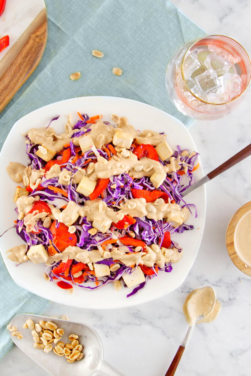 General Tsao's Tofu with Peanut Red Cabbage Slaw