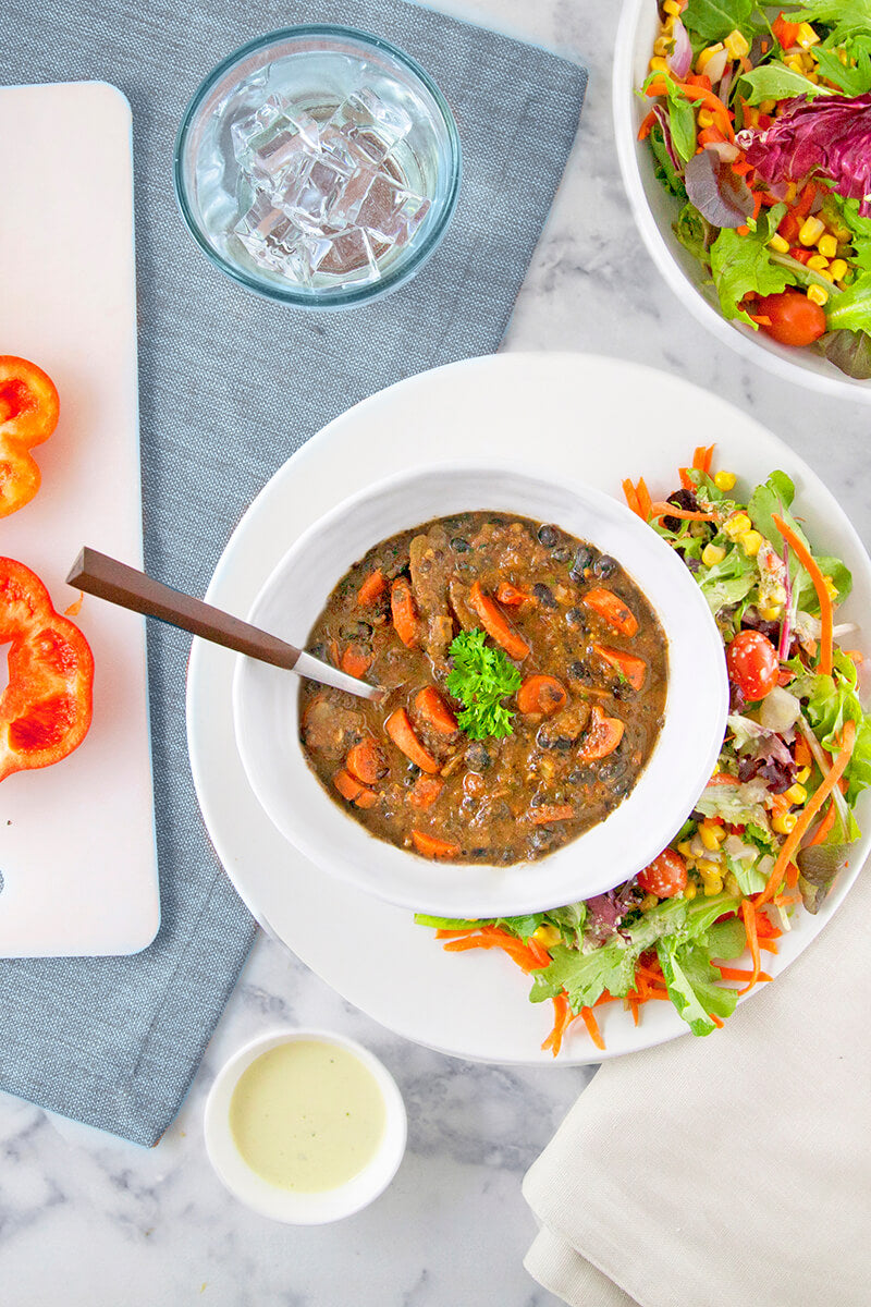Southwestern Black Bean Soup with a Zesty Corn Salad
