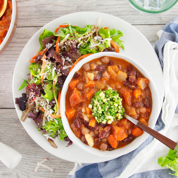 Three Bean Chili with Fresh Pesto and Paprika Spinach Salad