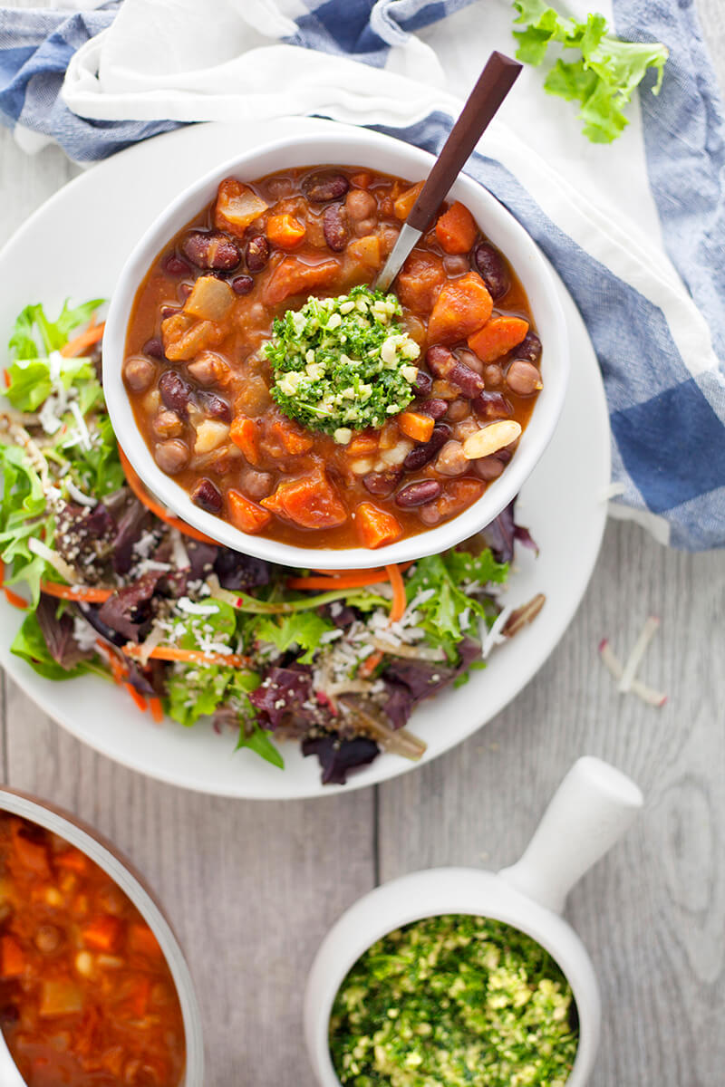 Three Bean Chili with Fresh Pesto and Paprika Spinach Salad