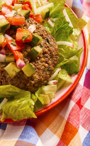 Mushroom and Lentil Burger with Cucumber Tomato Salad