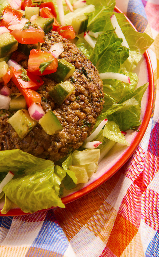 Mushroom and Lentil Burger with Cucumber Tomato Salad