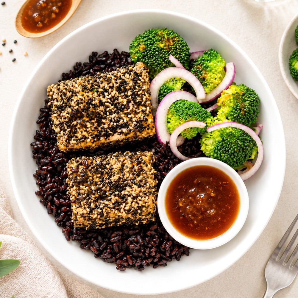 Sesame-Crusted Tofu with Broccoli & Garlic Forbidden Rice