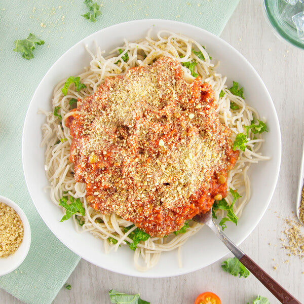 Amalfi Lentil Bolognese with Gluten-Free Pasta and Cashew "Parm"-square view