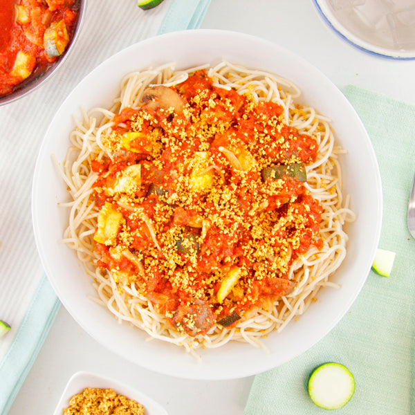 Pasta Primavera Marinara with Gluten-Free Pasta and Cashew "Parm"-square view