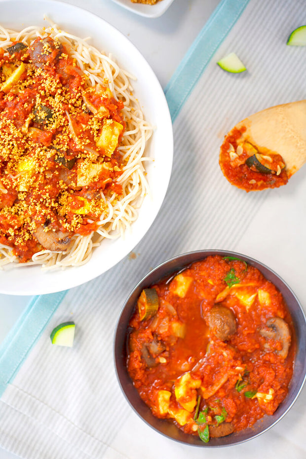 Pasta Primavera Marinara with Gluten-Free Pasta and Cashew "Parm"-wide view