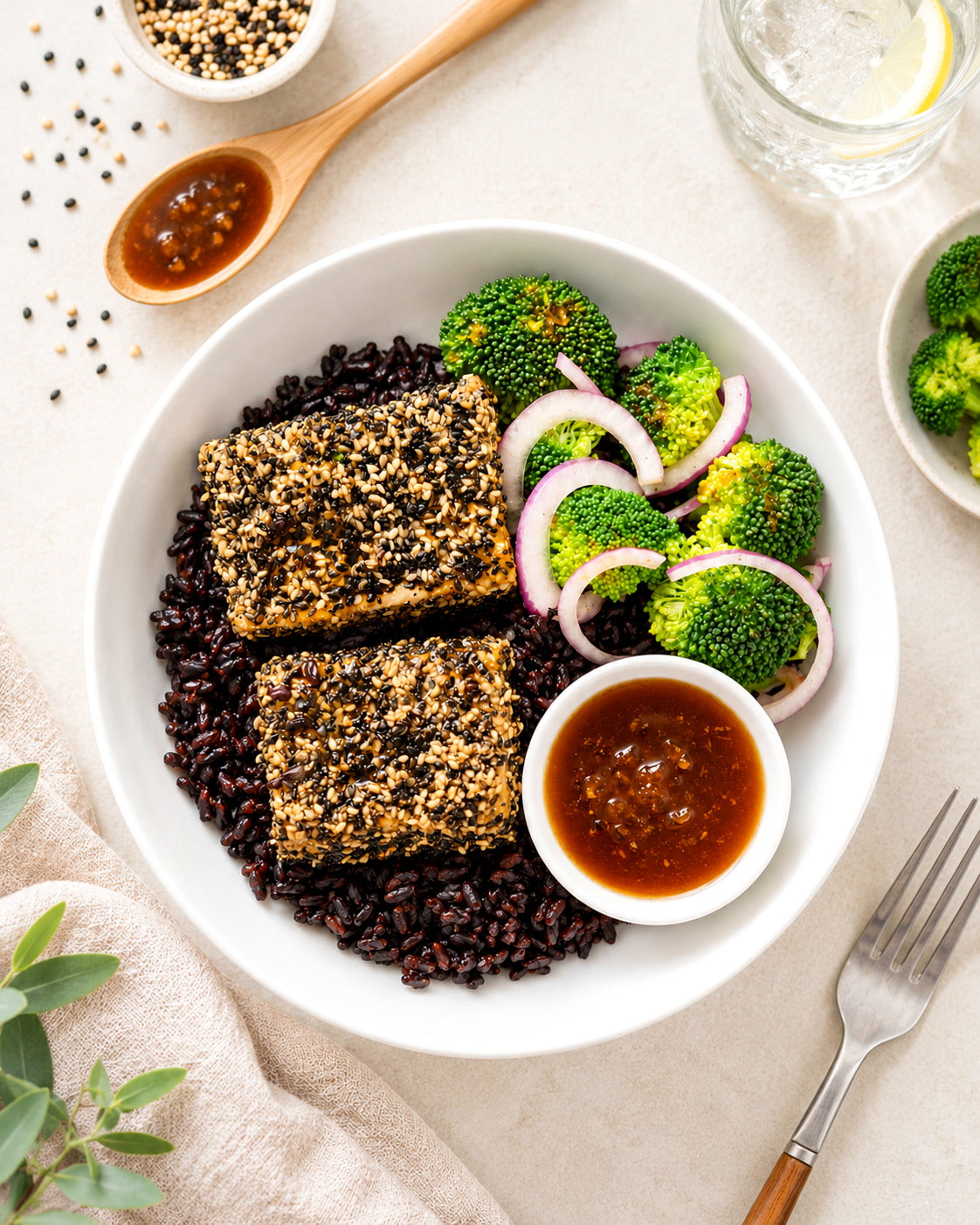 Sesame-Crusted Tofu with Broccoli & Garlic Forbidden Rice