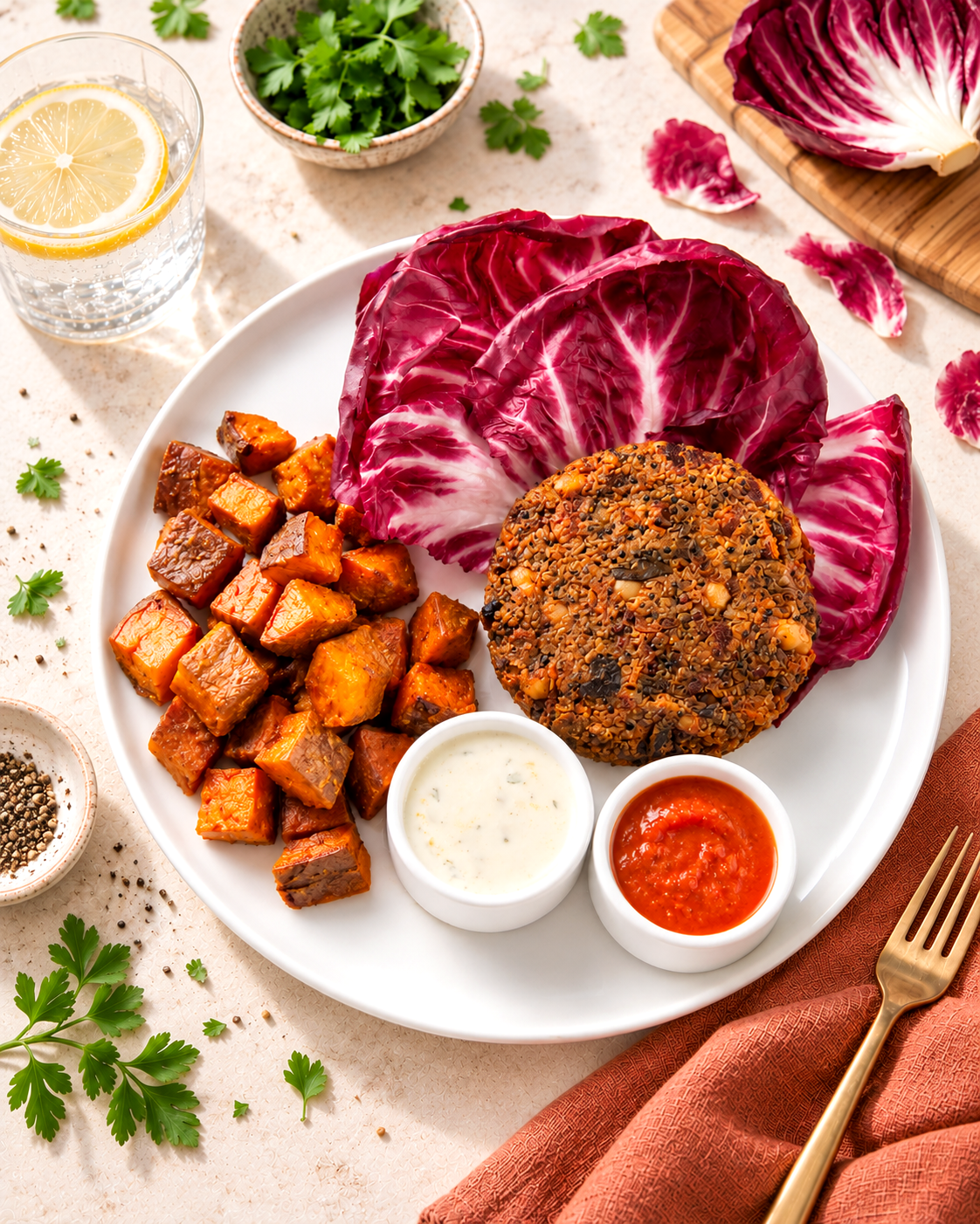 Hearty Veggie Burger with Sweet Potato Home Fries