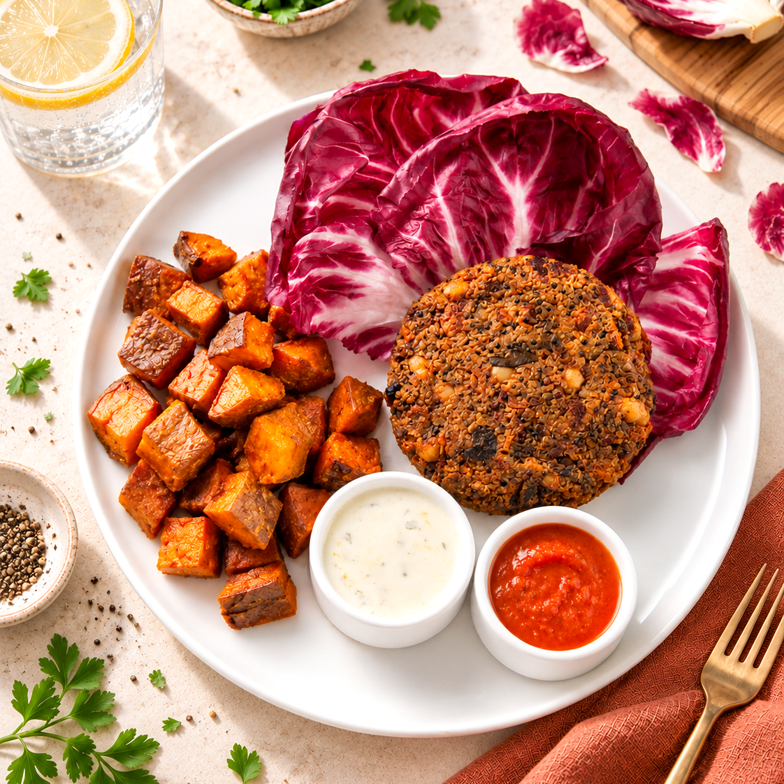 Hearty Veggie Burger with Sweet Potato Home Fries
