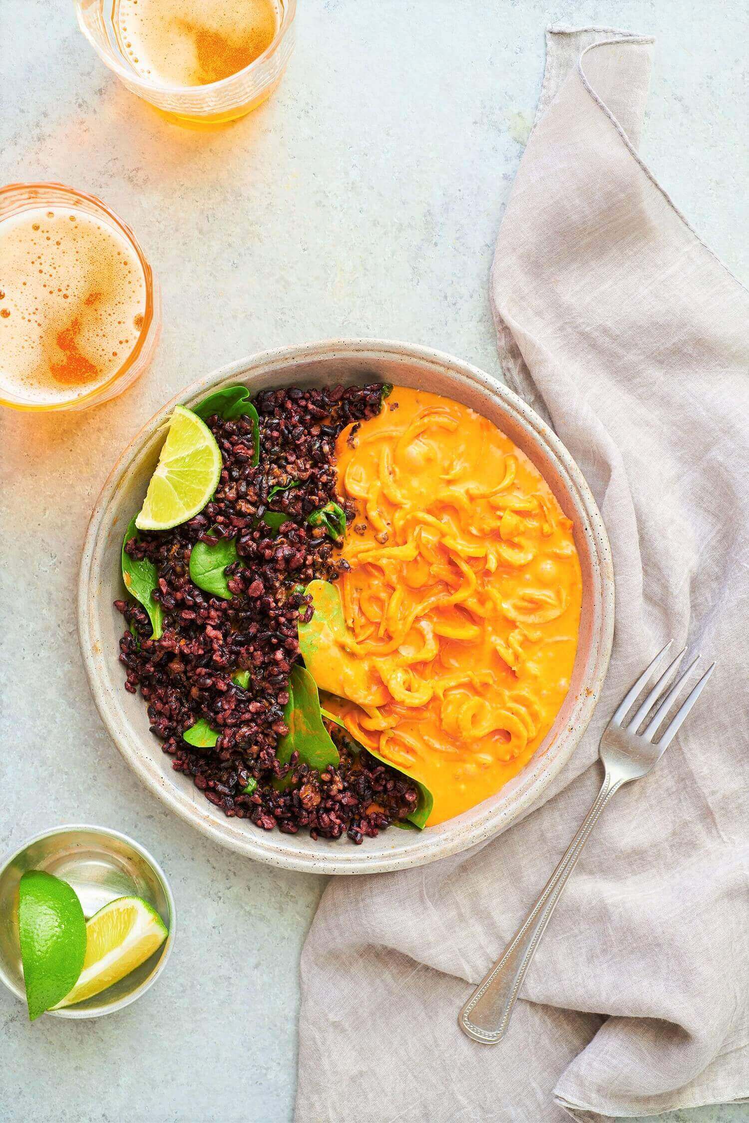 Indian Spiced Coconut Carrot Curry with Spiralized Carrots and Forbidden Black Rice