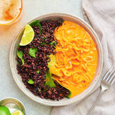 Indian Spiced Coconut Curry with Spiralized Carrots and Forbidden Black Rice-square view
