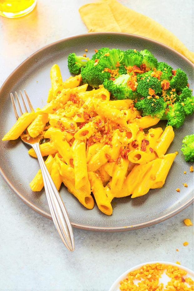 Mac & "Cheese" with Steamed Broccoli, "Parm" & "Bacon" Bits-wide view