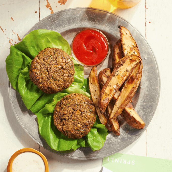 Mushroom and Lentil Sliders with Herbs De Provence Home Fries and Vegan Ranch
