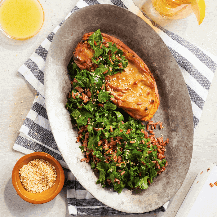Roasted Tahini "Butter" Sweet Potatoes with Red Rice and Sweet Lemon Kale