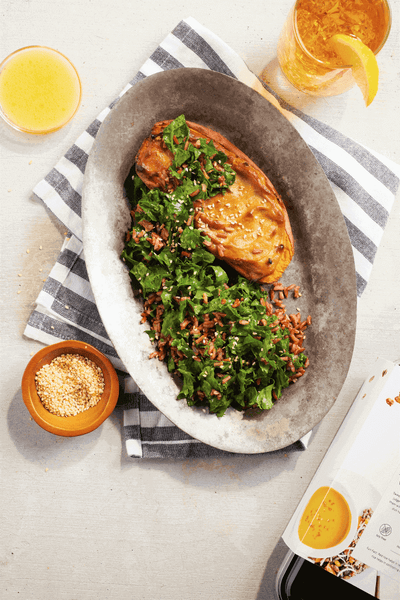 Roasted Tahini "Butter" Sweet Potatoes with Red Rice and Sweet Lemon Kale