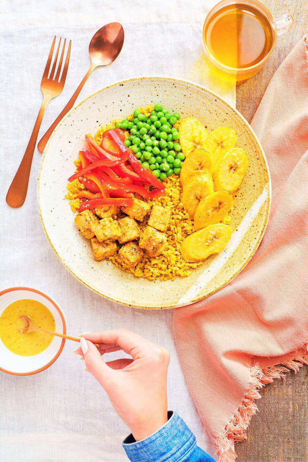 Spanish Rice with Mojo-Marinated Tempeh and Banana-wide view