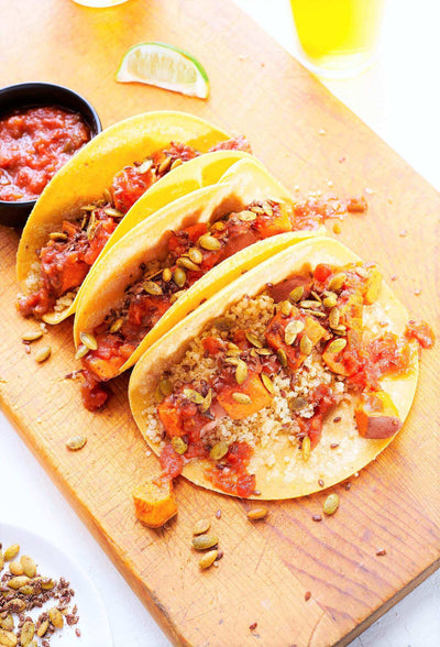 Smoked Sweet Potato Tacos with Red Pepper Salsa and Lime Crema-wide view