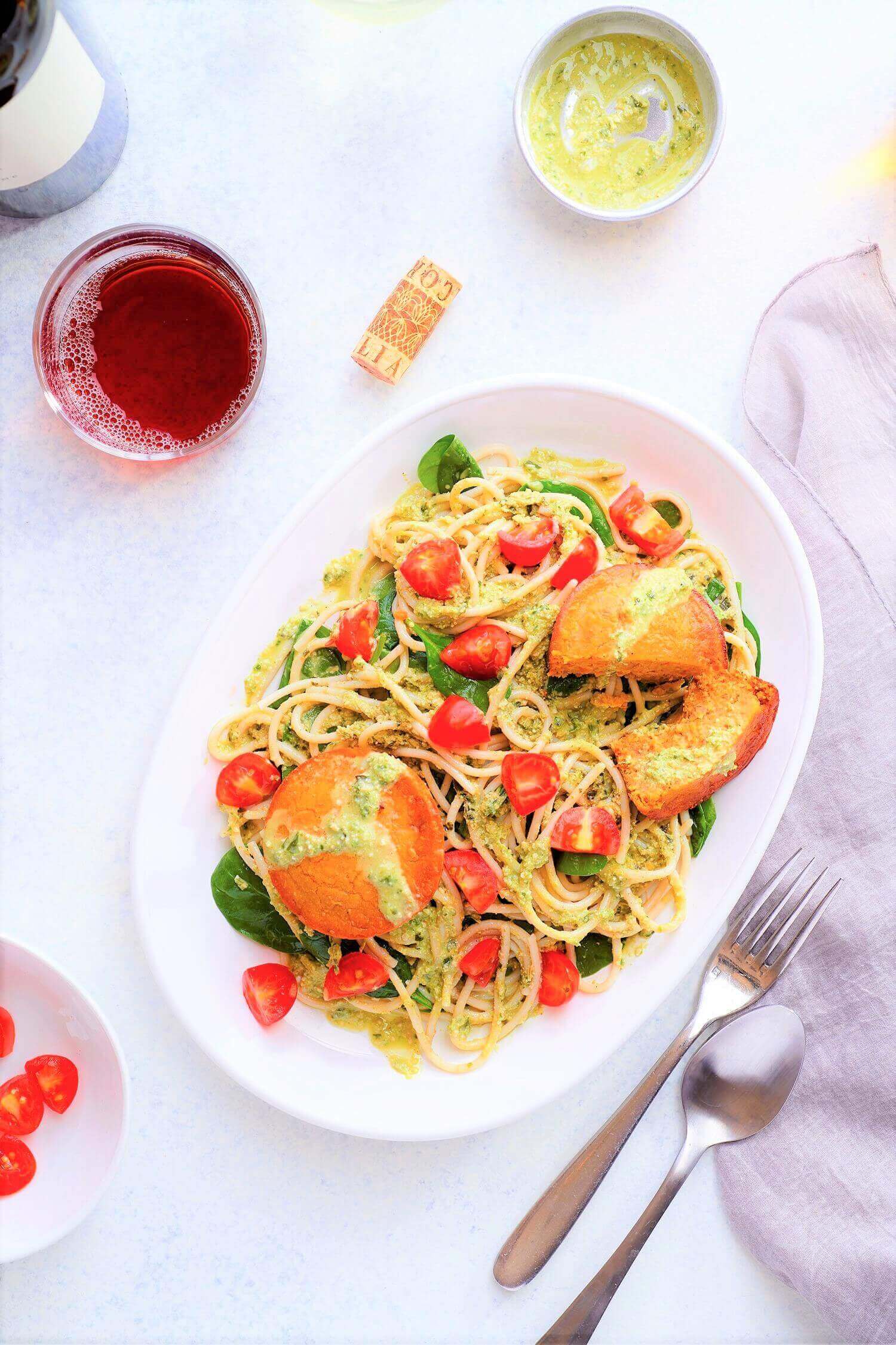 Pesto Pasta with Sun-dried Tomato Cakes and Spinach
