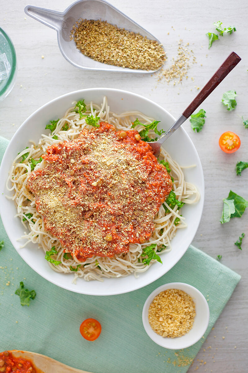 Amalfi Lentil Bolognese with Gluten-Free Pasta and Cashew "Parm"