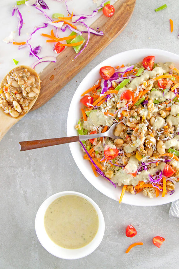 Cilantro Lime Quinoa Bowl with Balsamic Cannellini Beans, Coconuts & Walnuts-wide view