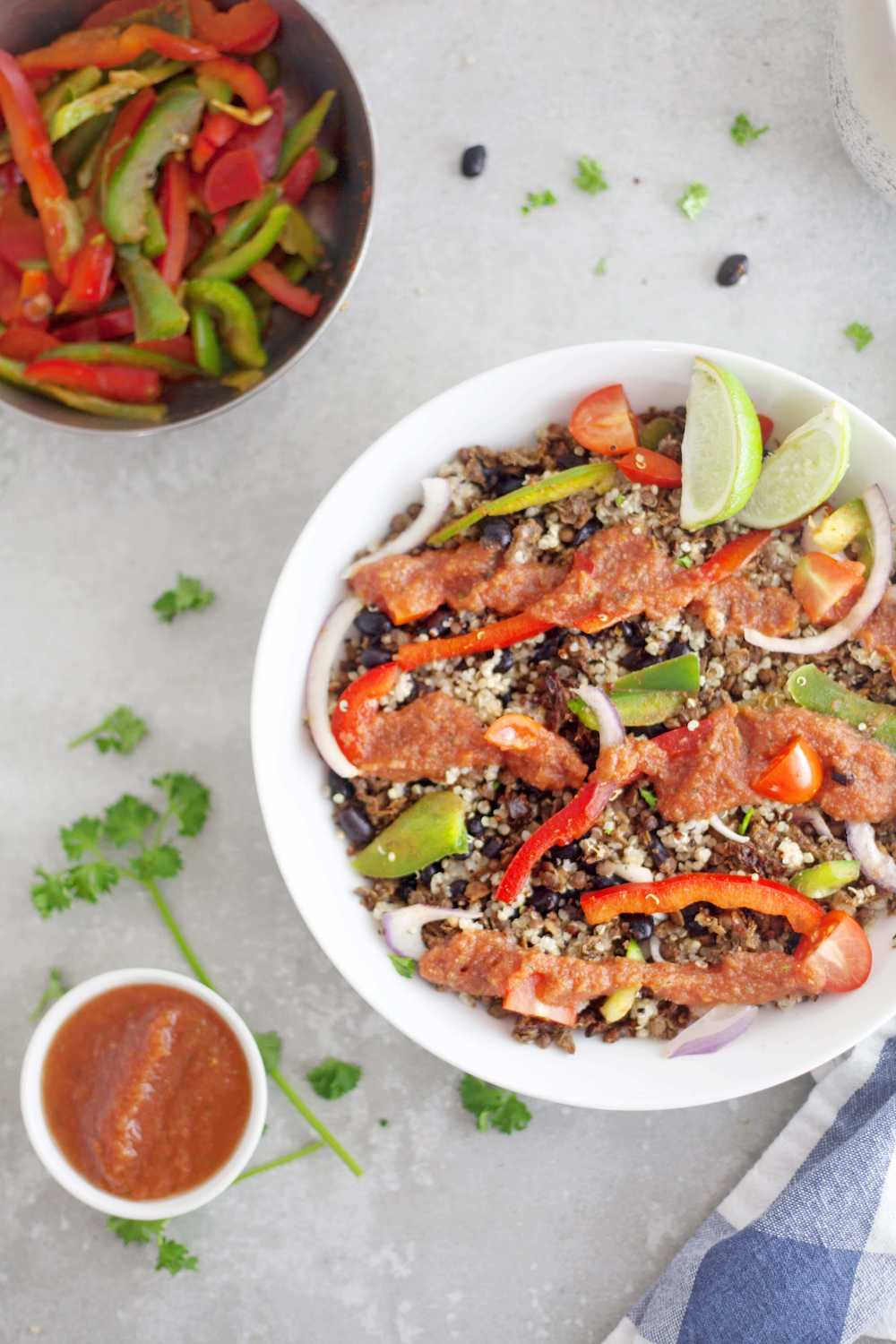 Fajita Bowl with Our Sprinly Lentil Walnut Crumble