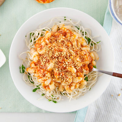 Gluten-Free Pasta with Bean-Packed Marinara and Cashew "Parm"-square view