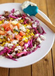 Mediterranean Veggie Kofta Crumble with Vegan Tzatziki and Cucumber, Tomato and Cabbage Salad