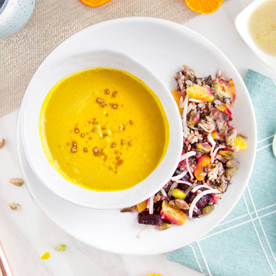 Moroccan Pumpkin Soup with Orange and Citrus Beet Wild Rice Salad-square view