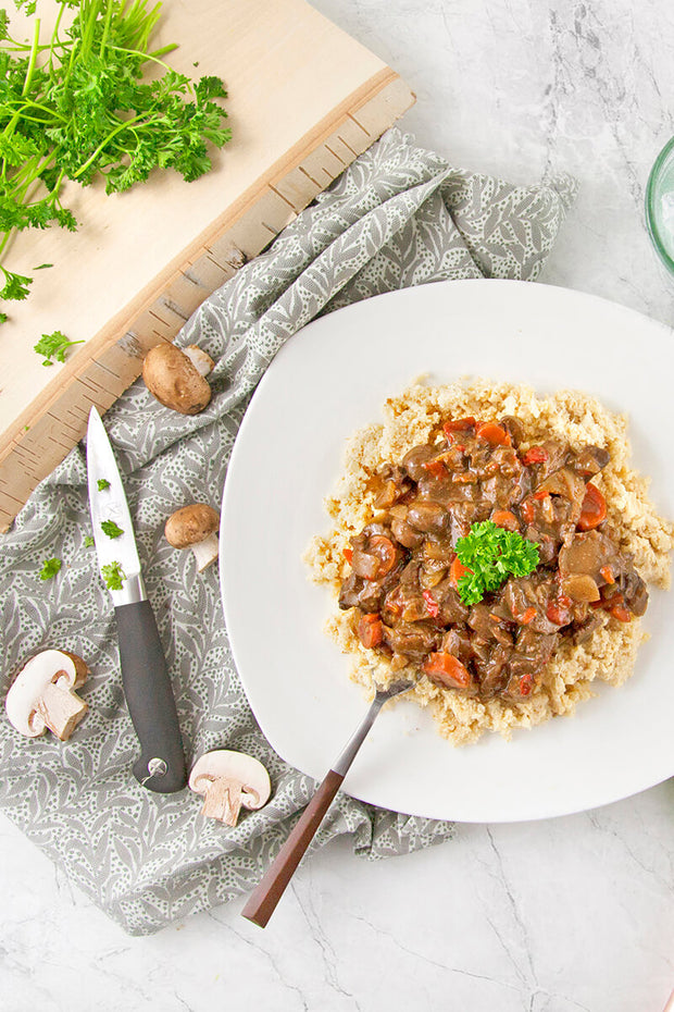 Hearty Mushroom Bourguignon with Red Potato Mash-wide view