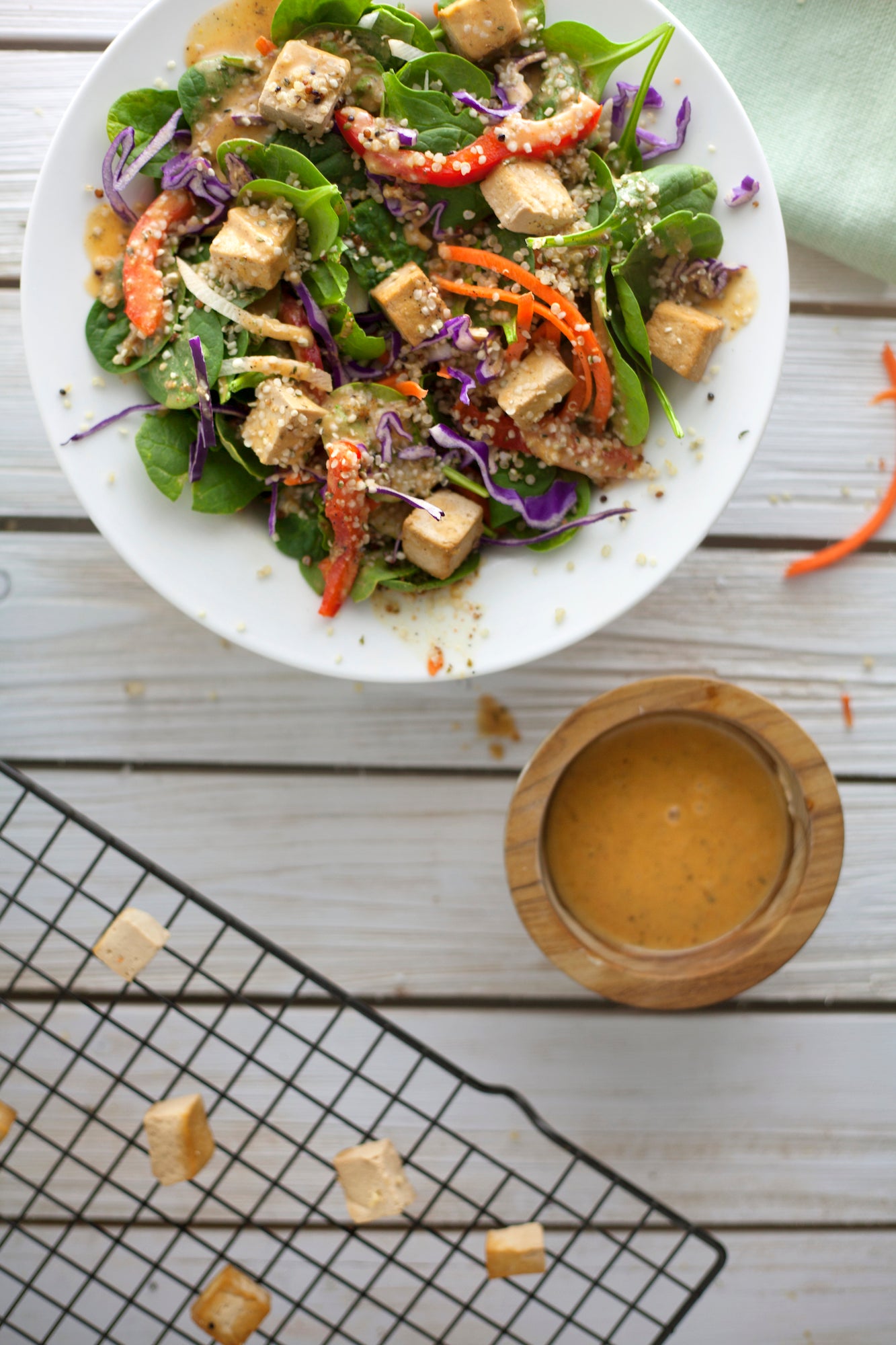 Paprika Spinach Salad with Baked Tofu and Hemp Hearts