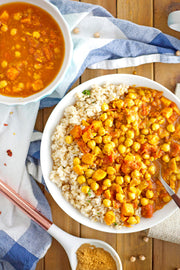 Spicy Indian Chana Masala with Sweet Potatoes Over Herbed Brown Rice-wide view