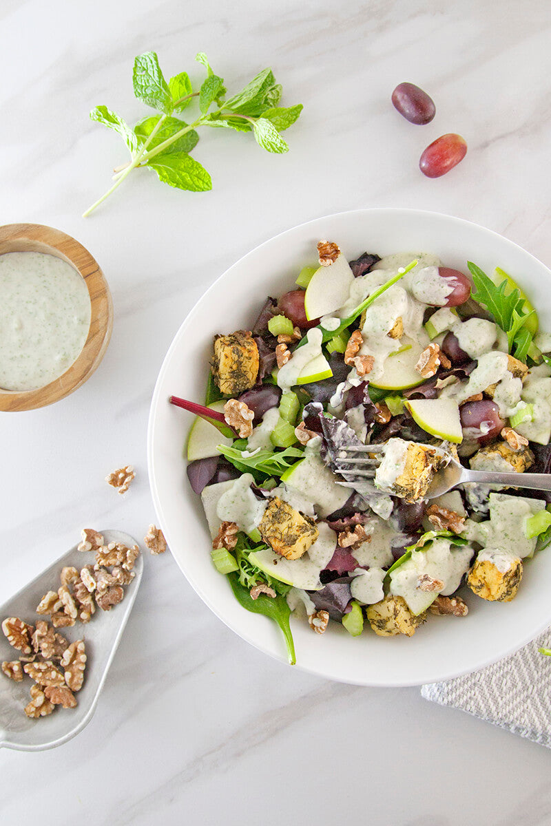 Waldorf Salad with Vegan Tzatziki and Soy-free Chickpea Tofu