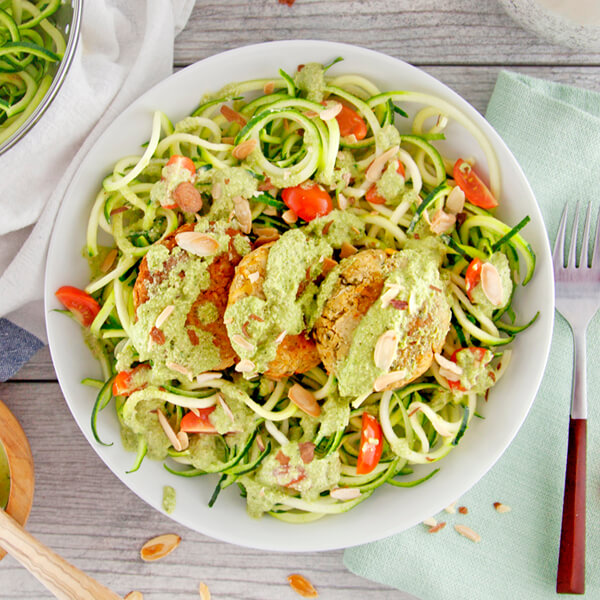 Zucchini Noodle Pesto Pasta with Italian Garbanzo Bean Patties-square view