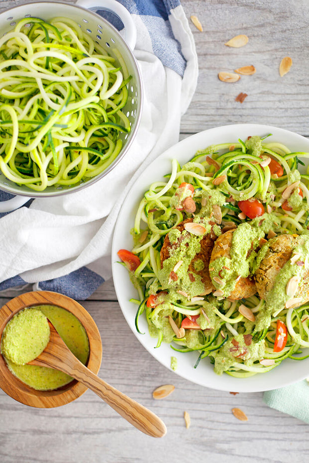 Zucchini Noodle Pesto Pasta with Italian Garbanzo Bean Patties-wide view